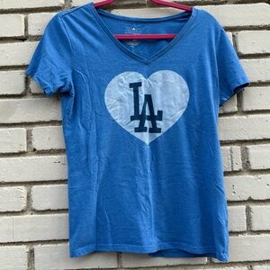MLB Dodgers Heart LA V-neck T-shirt in Blue - Size Small